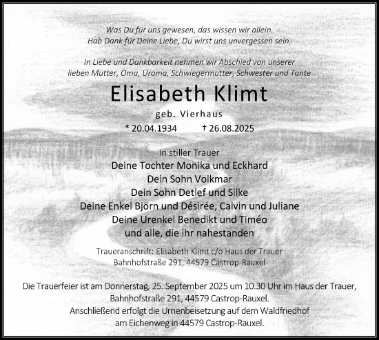 Traueranzeige von Elisabeth Klimt von Stadtanzeiger Castrop-Rauxel