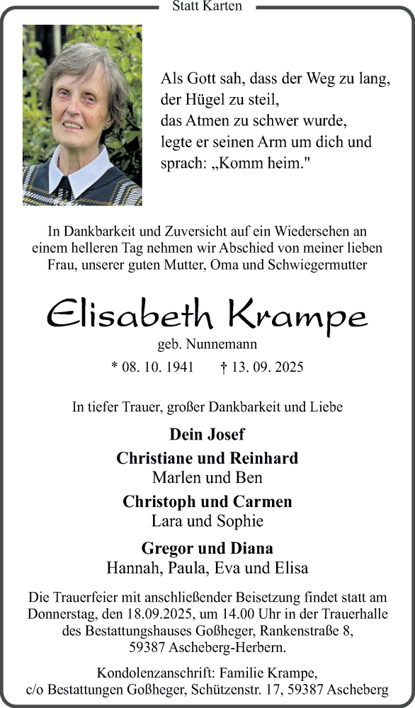  Traueranzeige für Elisabeth Krampe vom 17.09.2025 aus Ruhr Nachrichten
