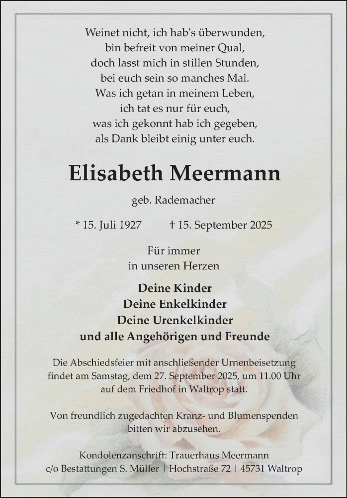  Traueranzeige für Elisabeth Meermann vom 20.09.2025 aus Trauer Vest