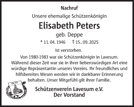 Traueranzeige von Elisabeth Peters von Ruhr Nachrichten und Halterner Zeitung