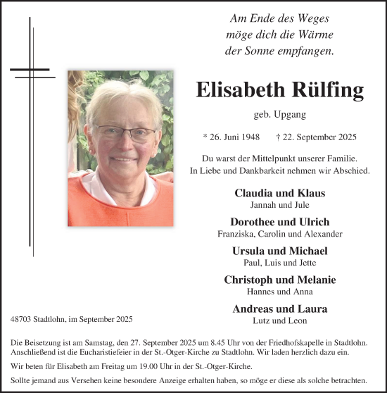 Traueranzeige von Elisabeth Rülfing von Münsterland Zeitung