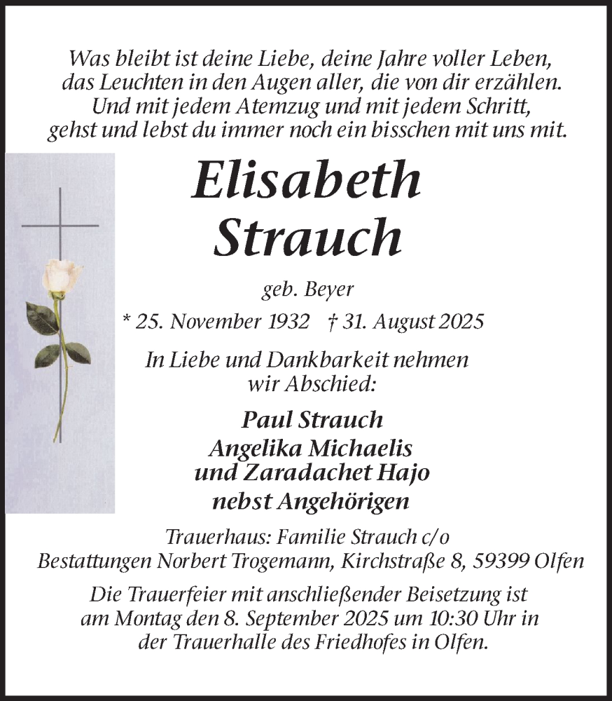  Traueranzeige für Elisabeth Strauch vom 03.09.2025 aus Ruhr Nachrichten