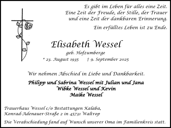 Traueranzeige von Elisabeth Wessel von Trauer Vest