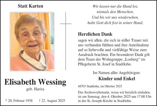 Traueranzeige von Elisabeth Wessing von Münsterland Zeitung