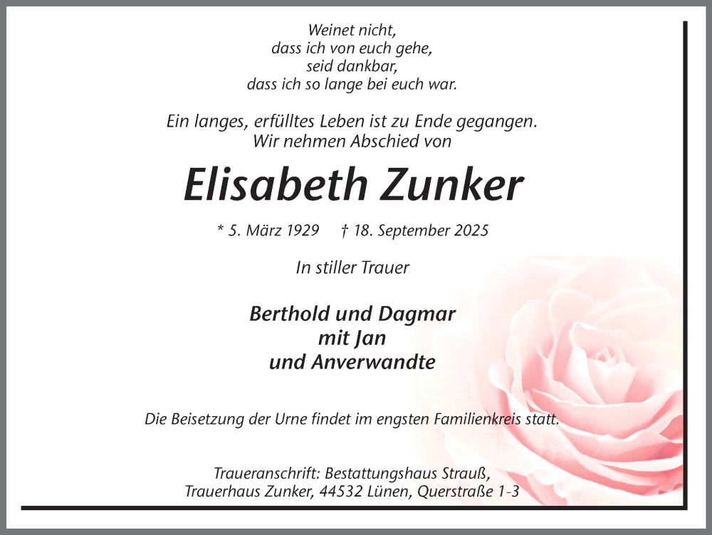  Traueranzeige für Elisabeth Zunker vom 27.09.2025 aus Ruhr Nachrichten