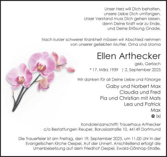 Traueranzeige von Ellen Arthecker von Ruhr Nachrichten