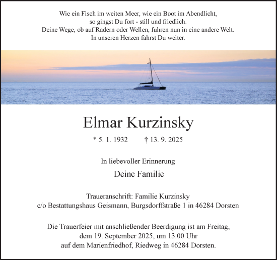 Traueranzeige von Elmar Kurzinsky von Ruhr Nachrichten und Dorstener Zeitung