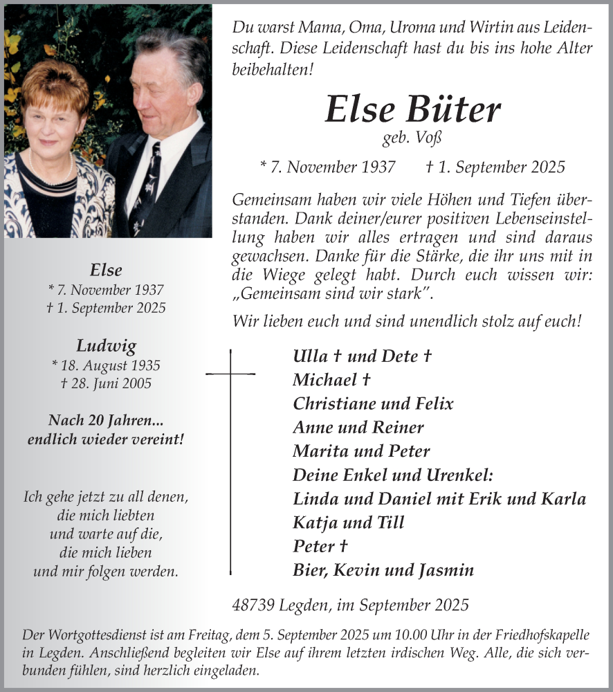  Traueranzeige für Else Büter vom 04.09.2025 aus Münsterland Zeitung