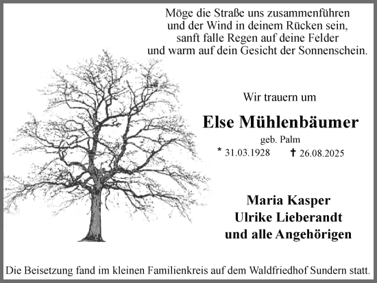 Traueranzeige von Else Mühlenbäumer von Ruhr Nachrichten und Halterner Zeitung
