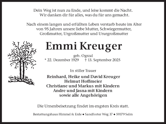 Traueranzeige von Emmi Kreuger von Lüner Anzeiger