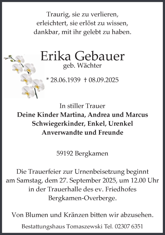 Traueranzeige von Erika Gebauer von Hellweger Anzeiger