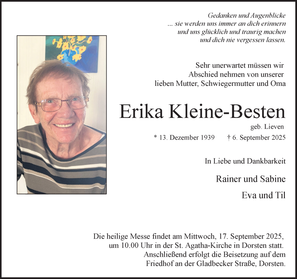  Traueranzeige für Erika Kleine-Besten vom 13.09.2025 aus Ruhr Nachrichten und Dorstener Zeitung