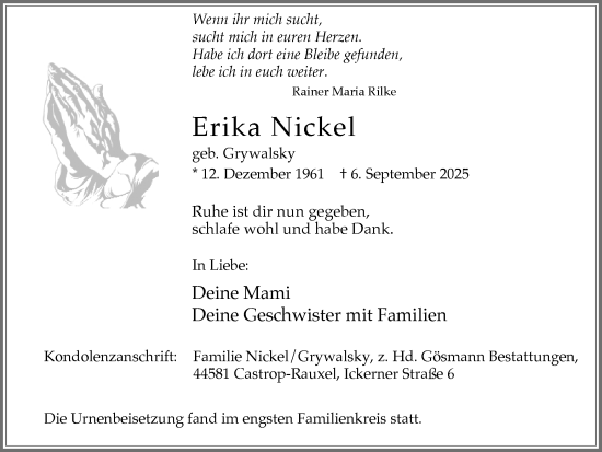 Traueranzeige von Erika Nickel von Stadtanzeiger Castrop-Rauxel