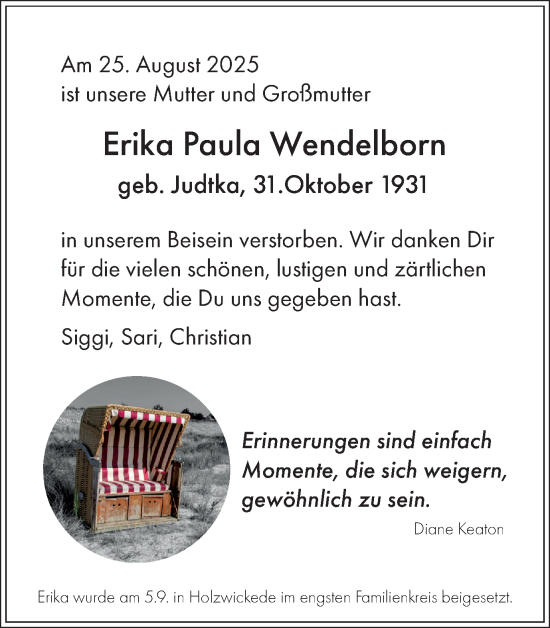Traueranzeige von Erika Paula Wendelborn von Hellweger Anzeiger