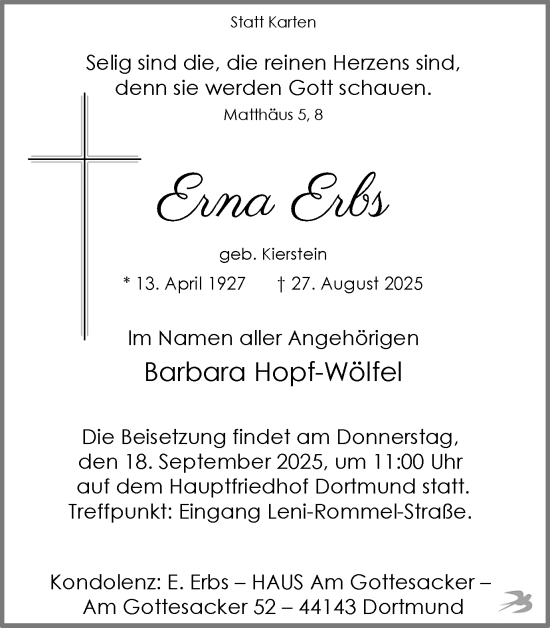 Traueranzeige von Erna Erbs von Ruhr Nachrichten