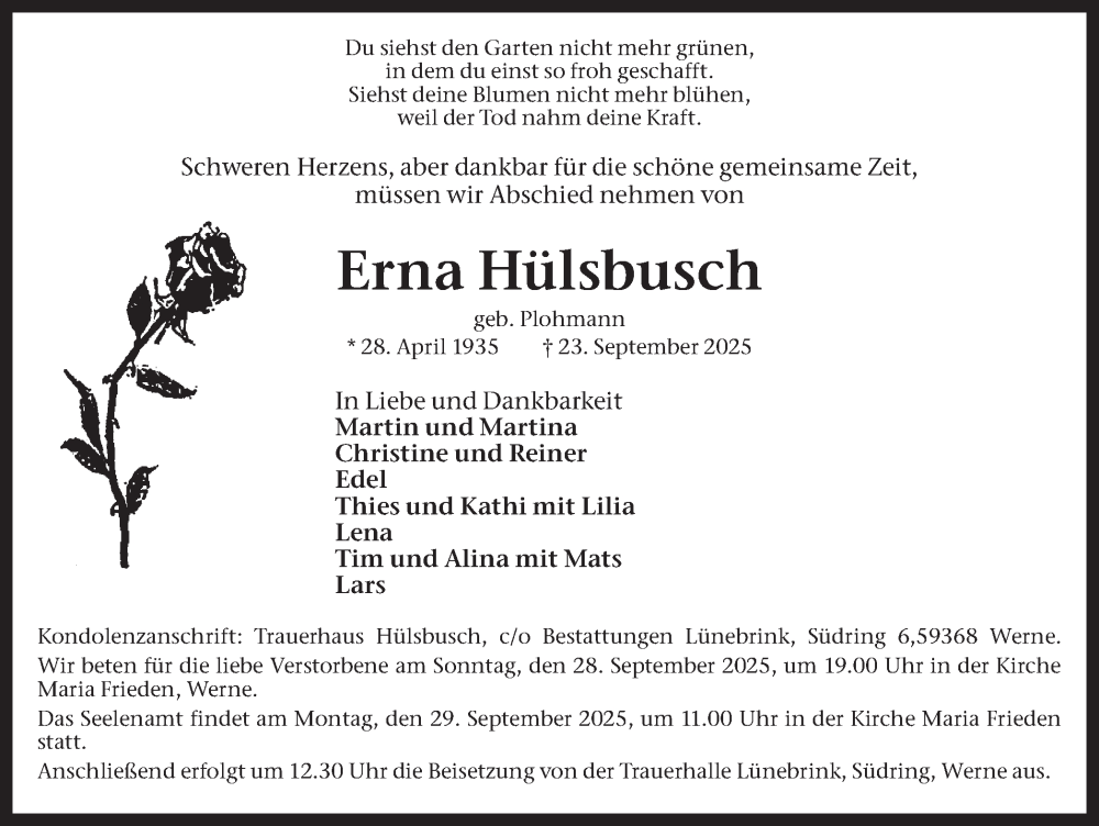  Traueranzeige für Erna Hülsbusch vom 26.09.2025 aus Ruhr Nachrichten