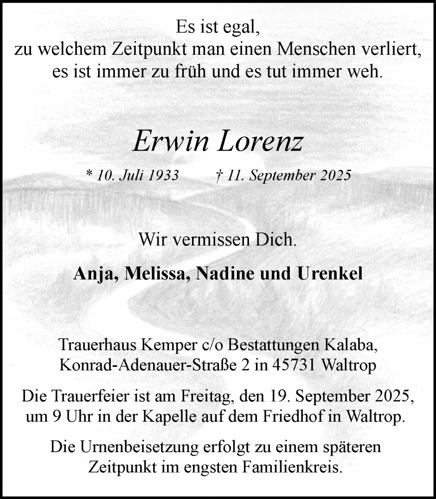  Traueranzeige für Erwin Lorenz vom 17.09.2025 aus Trauer Vest