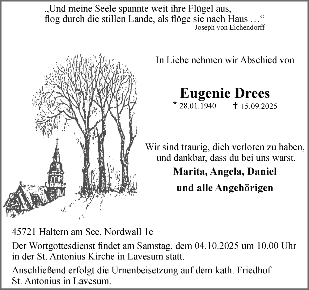  Traueranzeige für Eugenie Drees vom 27.09.2025 aus Ruhr Nachrichten und Halterner Zeitung