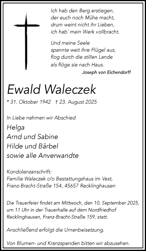  Traueranzeige für Ewald Waleczek vom 06.09.2025 aus Trauer Vest