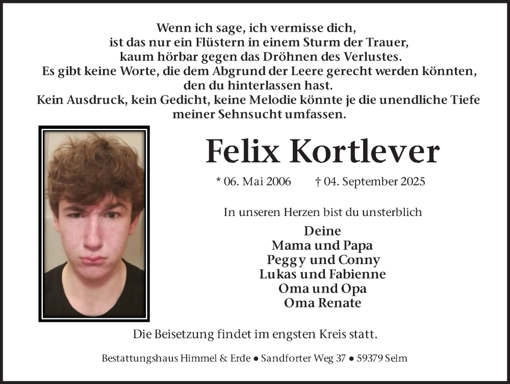  Traueranzeige für Felix Kortlever vom 13.09.2025 aus Ruhr Nachrichten