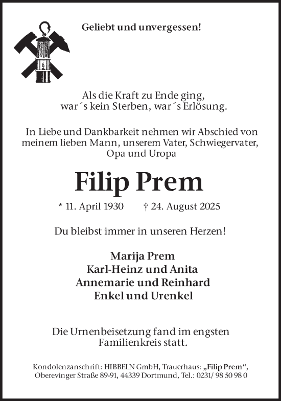 Traueranzeige von Filip Prem von Ruhr Nachrichten