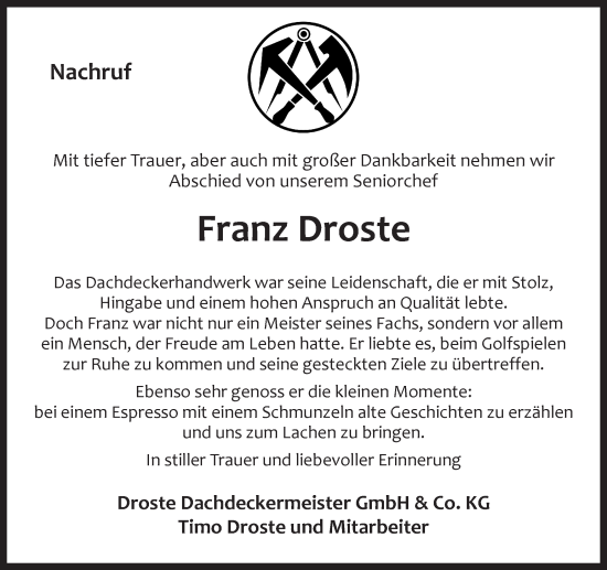 Traueranzeige von Franz Droste von Ruhr Nachrichten und Dorstener Zeitung