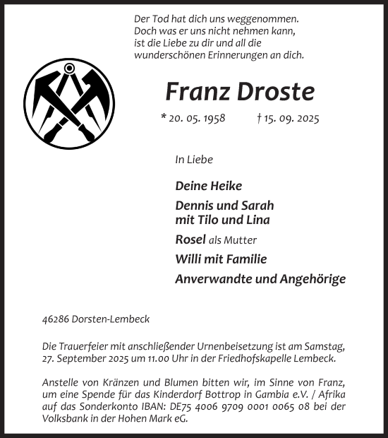 Traueranzeige von Franz Droste von Ruhr Nachrichten und Dorstener Zeitung
