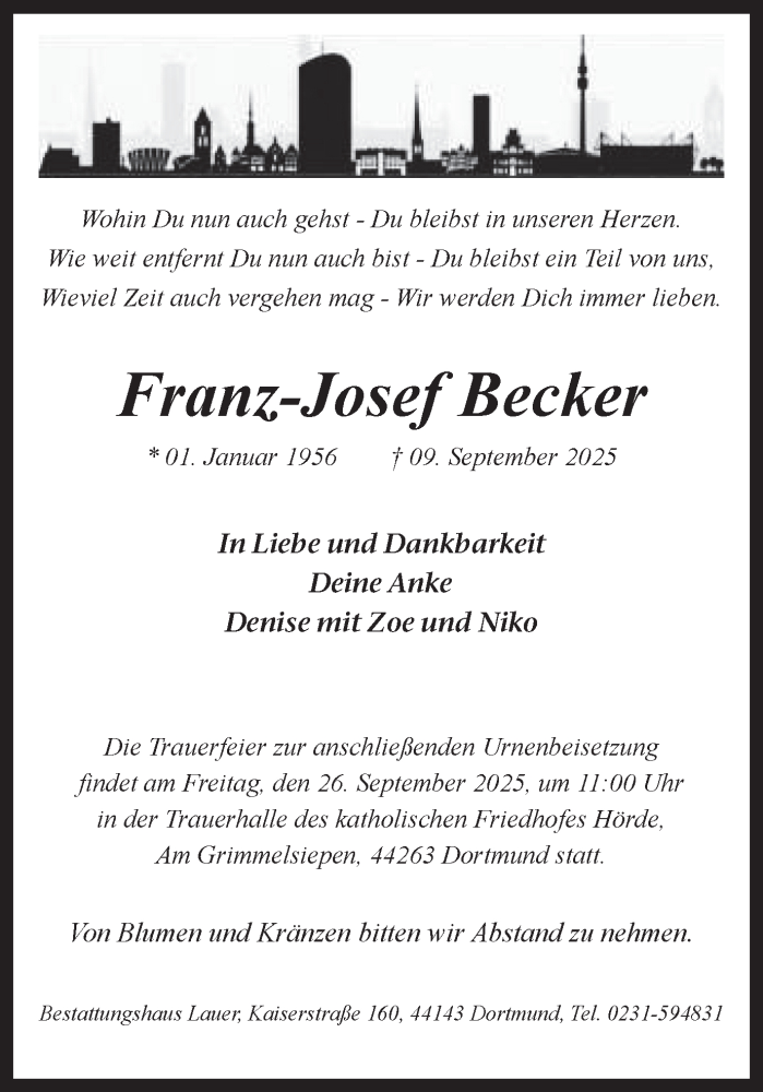  Traueranzeige für Franz-Josef Becker vom 20.09.2025 aus Ruhr Nachrichten