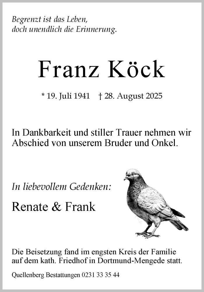  Traueranzeige für Franz Köck vom 13.09.2025 aus Ruhr Nachrichten