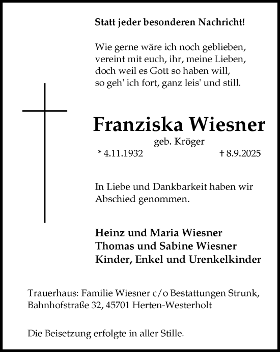 Traueranzeige von Franziska Wiesner von Trauer Vest
