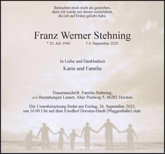Traueranzeige von Franz Werner Stehning von Ruhr Nachrichten und Dorstener Zeitung