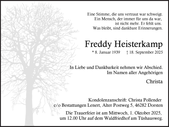 Traueranzeige von Freddy Heisterkamp von Ruhr Nachrichten und Dorstener Zeitung