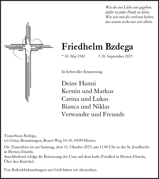 Traueranzeige von Friedhelm Bzdega von Trauer Vest