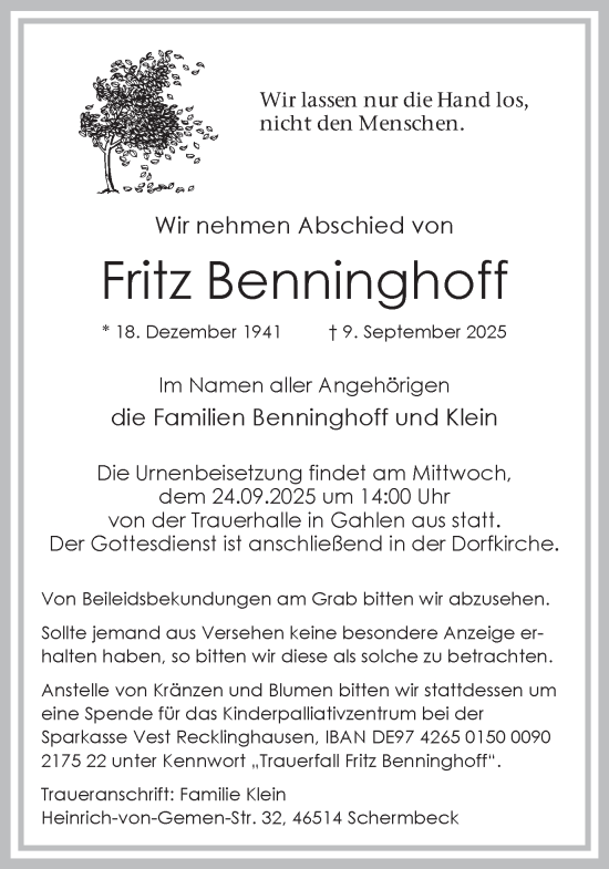 Traueranzeige von Fritz Benninghoff von Ruhr Nachrichten und Dorstener Zeitung