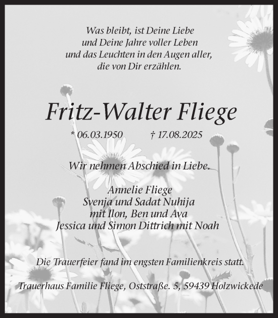 Traueranzeige von Fritz-Walter Fliege von Hellweger Anzeiger