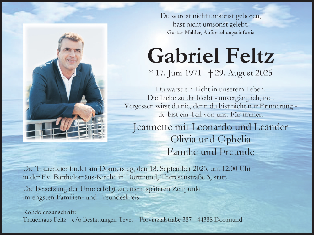  Traueranzeige für Gabriel Feltz vom 06.09.2025 aus Ruhr Nachrichten