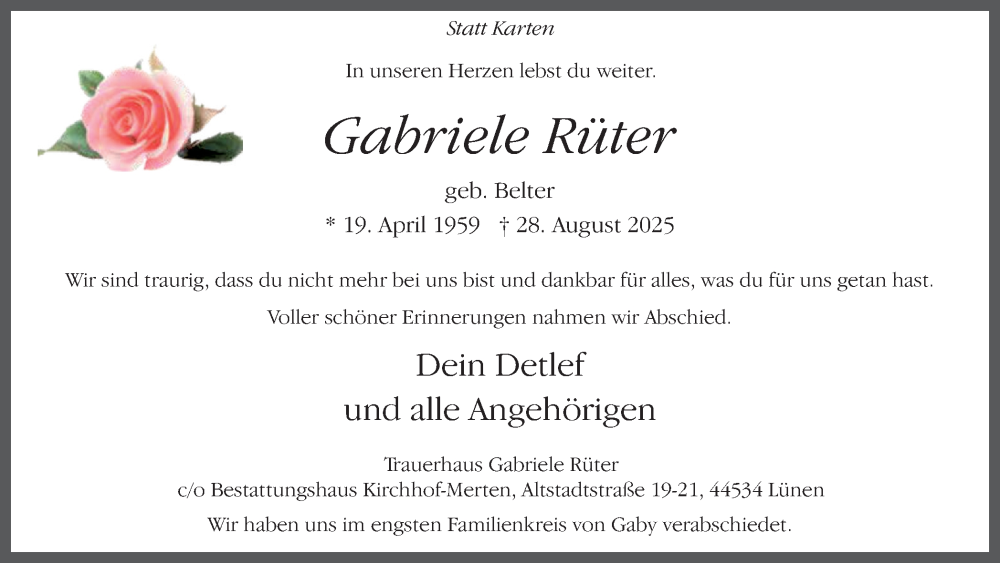  Traueranzeige für Gabriele Rüter vom 20.09.2025 aus Lüner Anzeiger