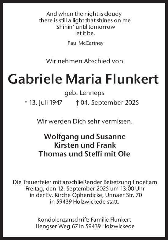 Traueranzeige von Gabriele Maria Flunkert von Hellweger Anzeiger