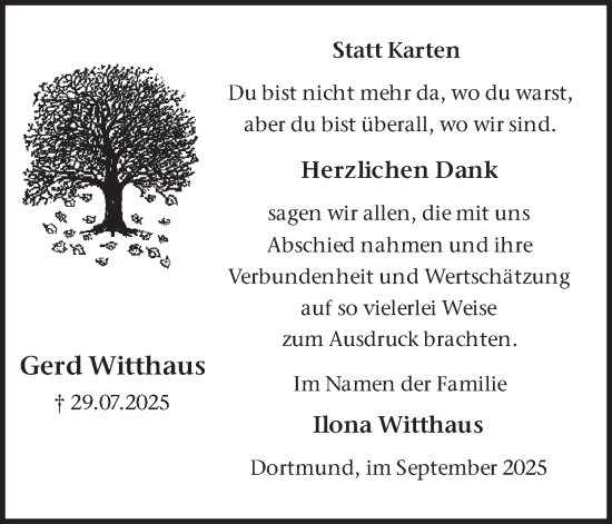 Traueranzeige von Gerd Witthaus von Ruhr Nachrichten