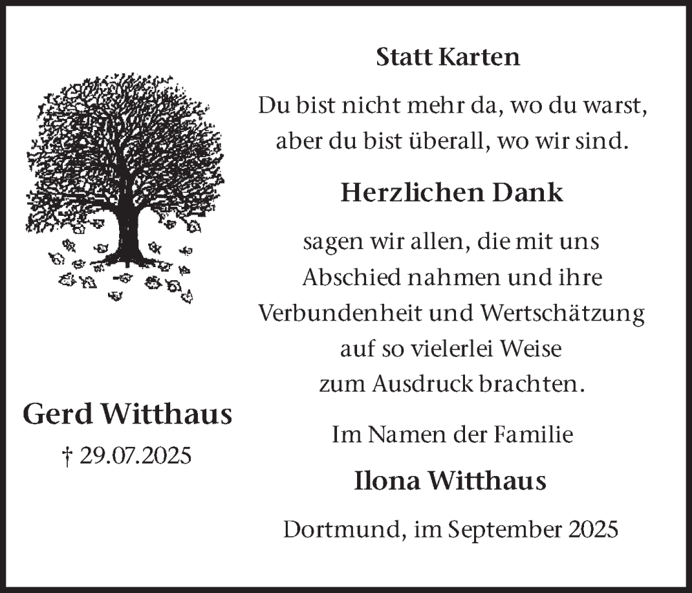  Traueranzeige für Gerd Witthaus vom 06.09.2025 aus Ruhr Nachrichten