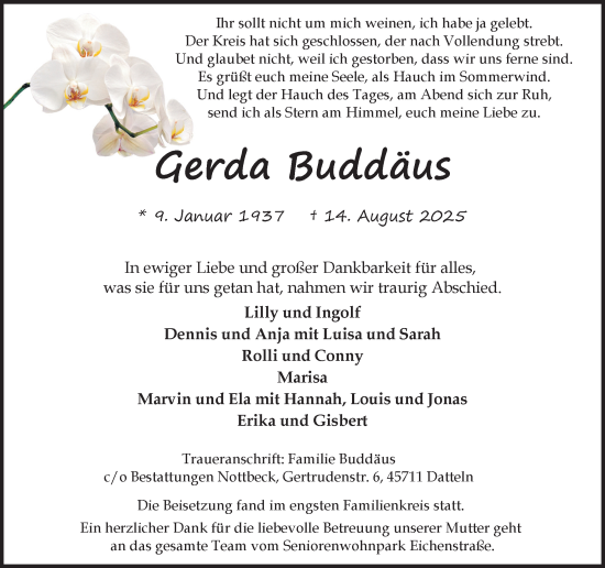 Traueranzeige von Gerda Buddäus von Trauer Vest