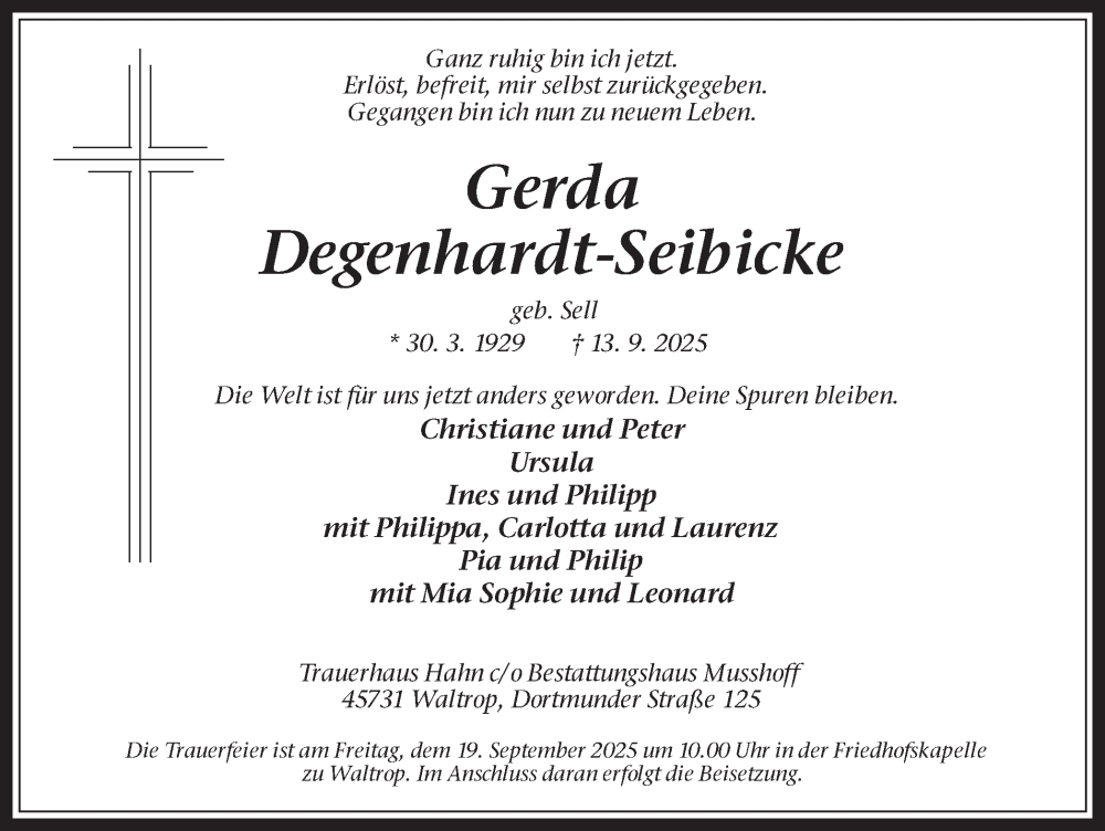  Traueranzeige für Gerda Degenhardt-Seibicke vom 17.09.2025 aus Trauer Vest