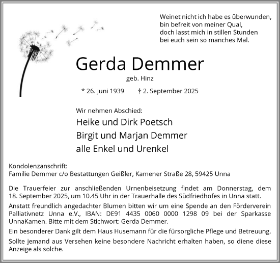 Traueranzeige von Gerda Demmer von Hellweger Anzeiger