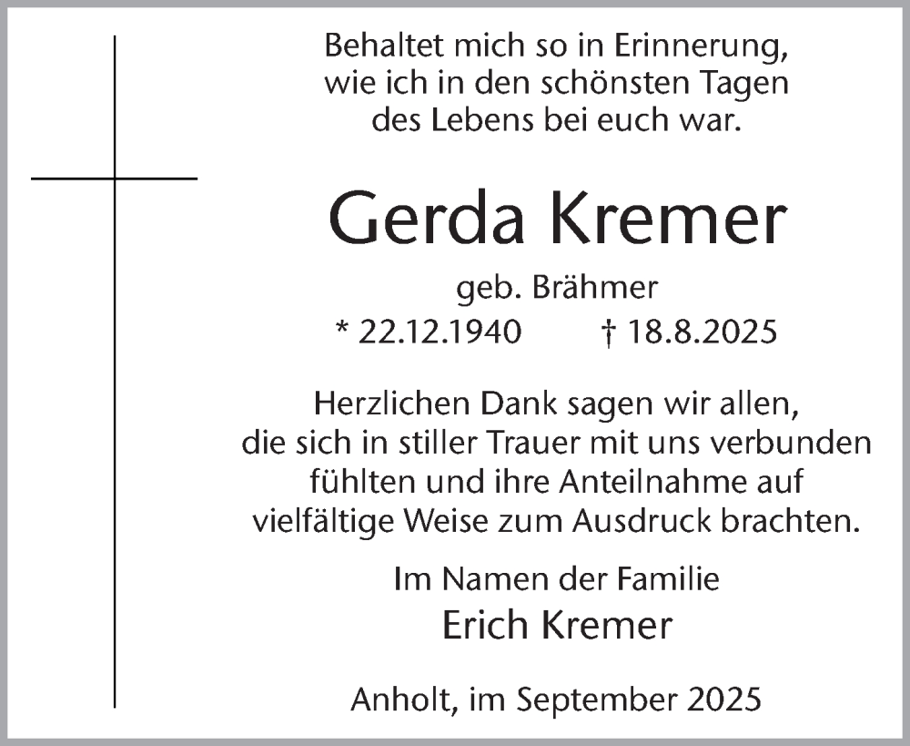  Traueranzeige für Gerda Kremer vom 27.09.2025 aus 