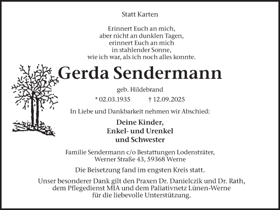 Traueranzeige von Gerda Sendermann von Ruhr Nachrichten