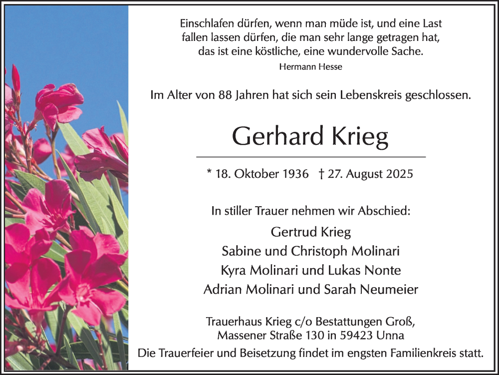  Traueranzeige für Gerhard Krieg vom 06.09.2025 aus Hellweger Anzeiger