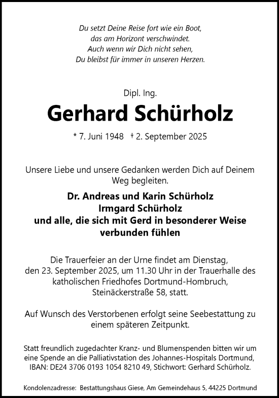 Traueranzeige von Gerhard Schürholz von Ruhr Nachrichten