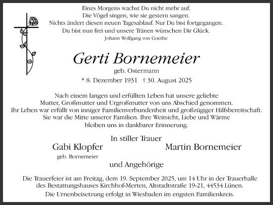 Traueranzeige von Gerti Bornemeier von Ruhr Nachrichten