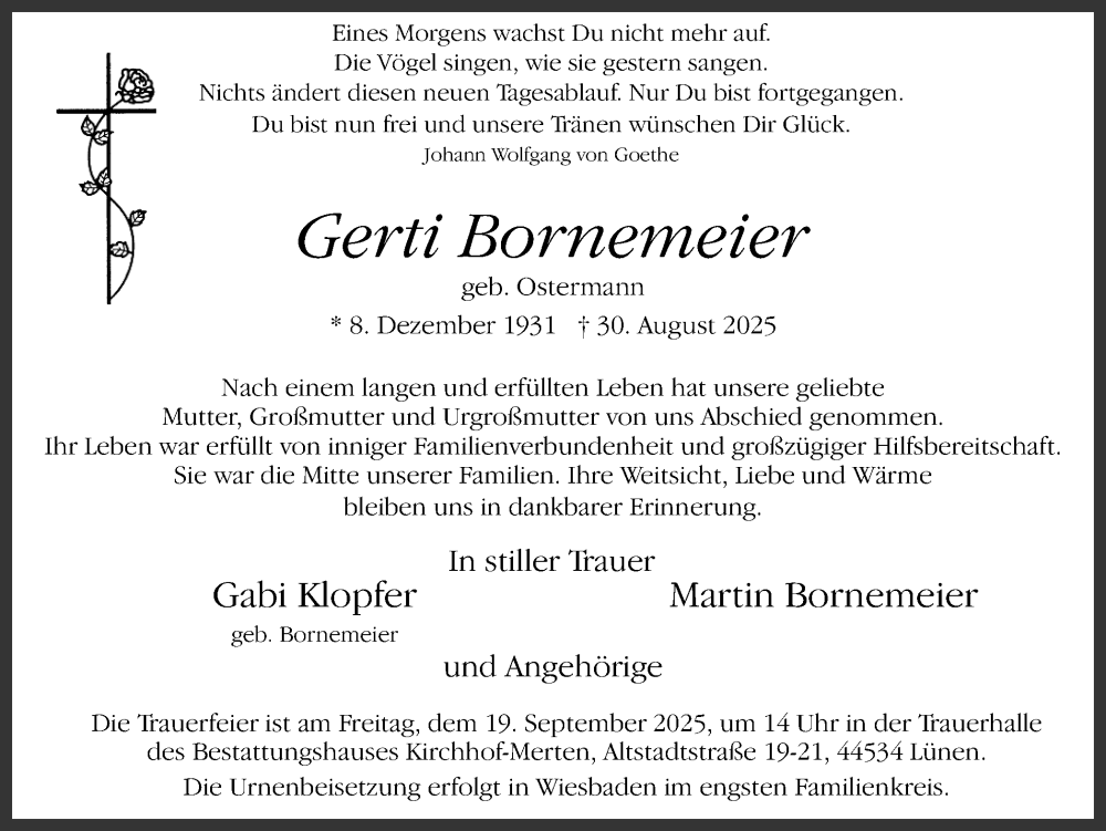  Traueranzeige für Gerti Bornemeier vom 13.09.2025 aus Ruhr Nachrichten