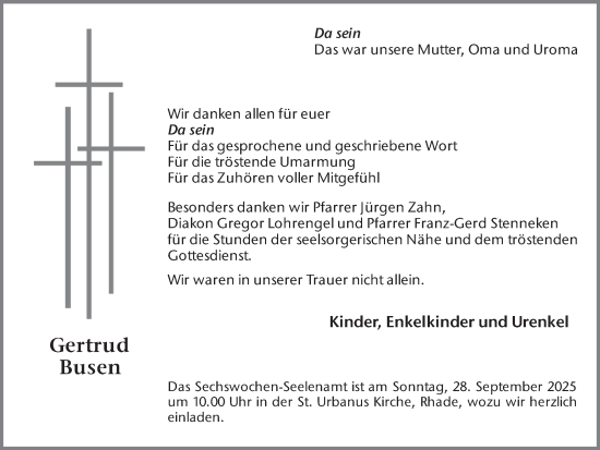 Traueranzeige von Gertrud Busen von Ruhr Nachrichten und Dorstener Zeitung